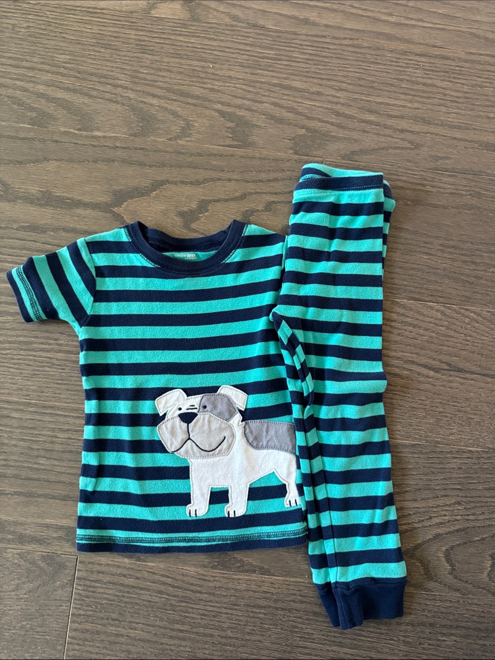 Kids Teal & Navy Striped Pajama Set with Puppy Applique